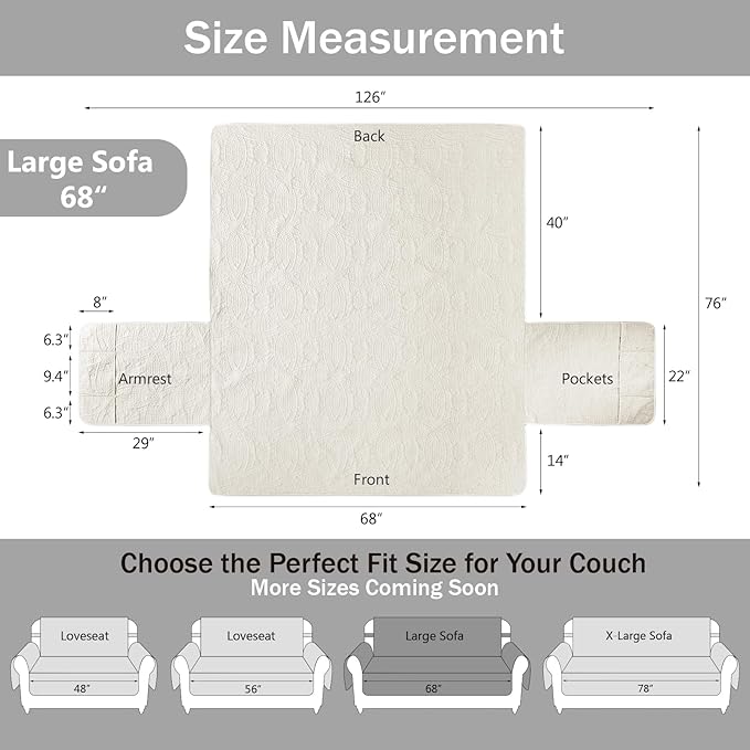 Quilted Sofa Slipcovers with Pockets, Anti-Slip Medallion Designed Couch Covers for 3 Cushion Sofa, Couch Cover for Dogs Cats Water-Repellent Machine Washable (Large Sofa 68", Ivory White) - Image 7