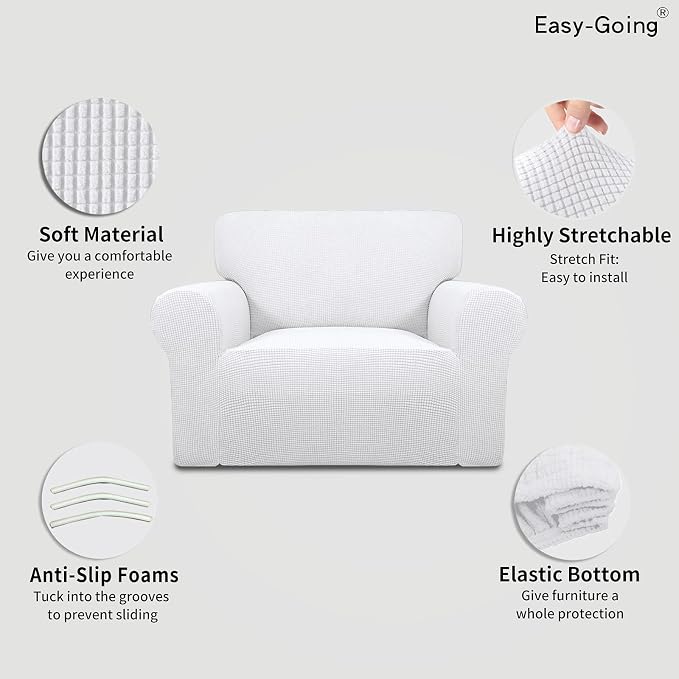 Easy-Going Stretch Oversized Chair Slipcover with Arm Washable Snow White | 1-Piece Large chair covers armchair Furniture Protector for Living Room chair and a half cover Soft For Kids, Pet. - Image 3