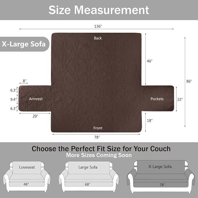 Soft Couch Cover with Pockets for Extra-Large Sofa, Medallion Quilted Design Couch Covers for 3 Cushion Sofa, Oversized Sofa Covers Washable Water-Repellent (X-Large Sofa 78", Chocolate) - Image 7