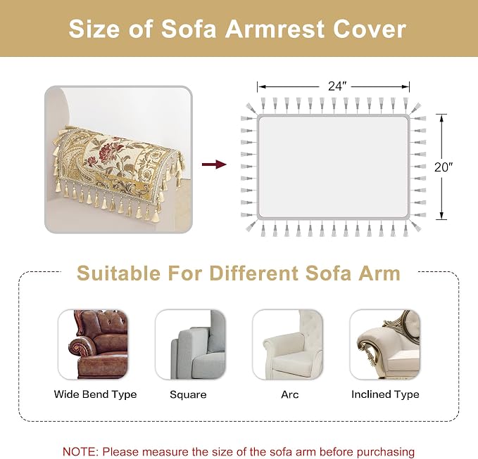 Loom and Mill Luxury Jacquard Sofa Arm Covers 2 PCS, Beige Yellow, 20x24in | Damask Patchwork Couch Armrest Cover with Tassels, Non-Slip Furniture Protector for Chair Sofa Recliners Couch Dogs Pets - Image 3