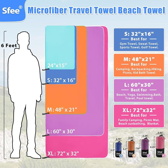 Sfee 2 Pack Microfiber Travel Towel, Quick Dry Camping Towel Large Beach Towel Super Absorbent Compact Lightweight Sports Gym Towels for Beach, Gym, Hiking, Pool, Backpacking, Bath, Yoga - Image 4