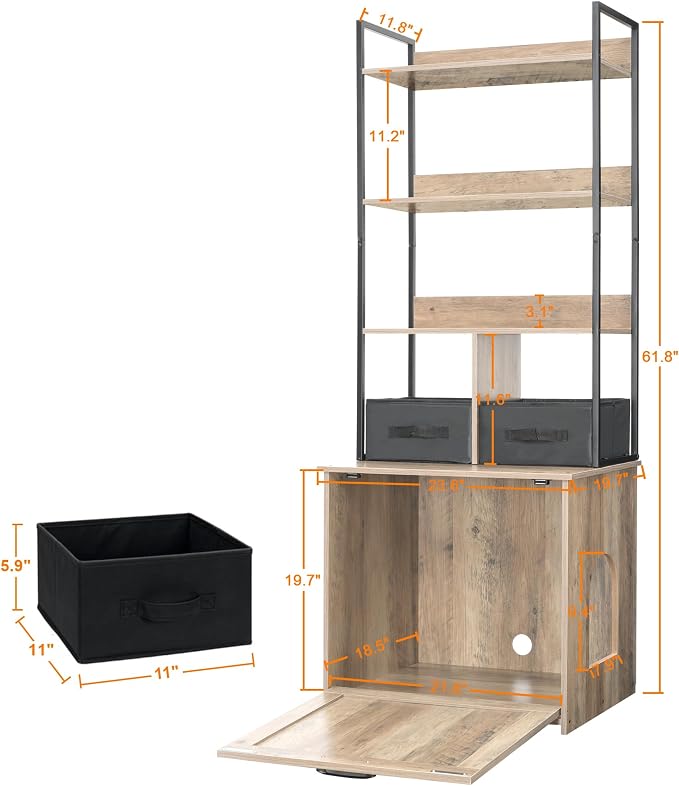 Dwanton Litter Box Enclosure with 3 Storage Shelves and 2 Drawers, 2-in-1 Hidden Cat Litter Box Enclosure Furniture with Shelf, Reversible Entrance, Washable Drawers, 61.8-Inch, Greige - Image 5