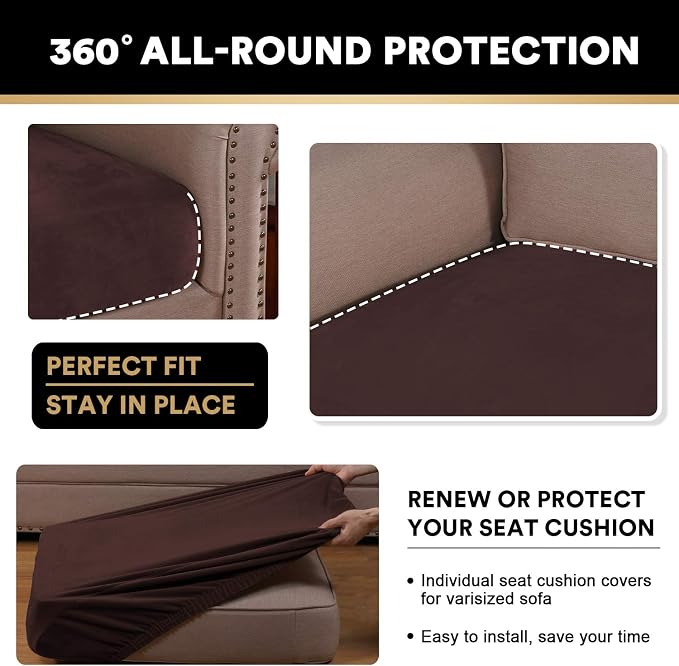 PrinceDeco Velvet Sofa Cushion Covers, Stretch Couch Cushion Covers for Individual Seat Couch Slipcover Sets Furniture Protector for Loveseat Sofa Cushion(Each Width Up to 29.5", Brown) - Image 7
