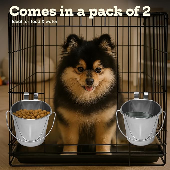 4 Quart Stainless Steel Flat Sided Bucket with Dual Hooks | 2 Pcs Durable Food & Water Bowl for Dogs Cats Goat & Livestock | Fits kennel Cage Critter Crate Hanging Pet Pail | Multipurpose - Image 3