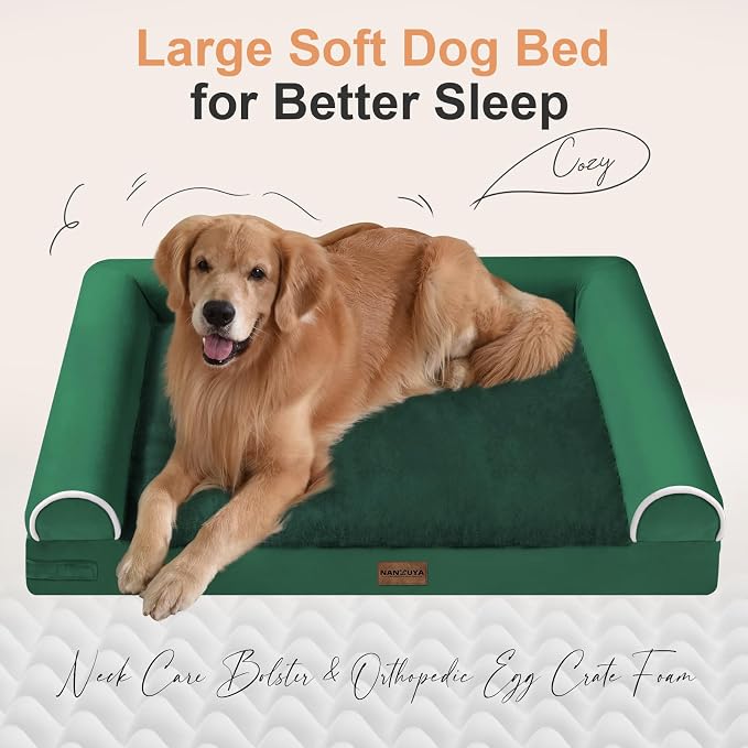 NANUYA Orthopedic Dog Bed for Medium Dogs, 30 x 20 Inch, Emerald | Egg crate foam for joint support, 3-sided bolster pet sofa, waterproof lining, washable cover, and non-skid base - Image 2