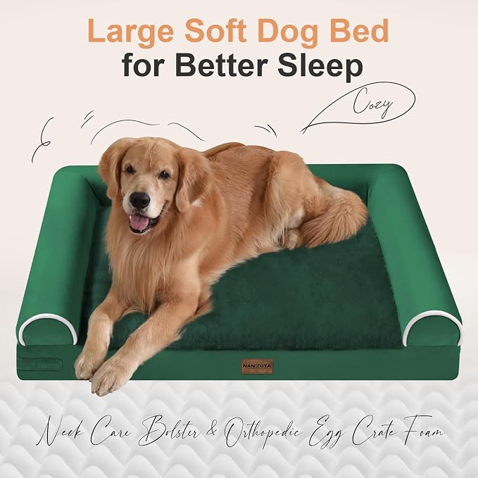 NANUYA Orthopedic Dog Bed for Jumbo Dogs, 53 x 42 Inch, Emerald | Egg crate foam for joint support, 3-sided bolster pet sofa, waterproof lining, washable cover, and non-skid base - Image 2