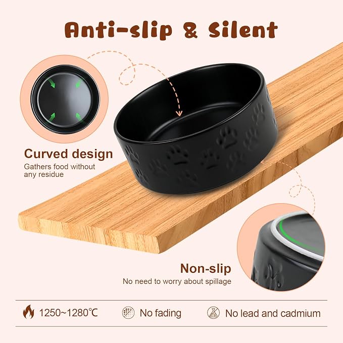 SPUNKYJUNKY Ceramic Elevated Dog Bowl Set with Acacia Wood Stand for Food and Water for Small Medium Sized Dogs (28.74 OZ, Black, Dog Paw Pattern) - Image 5