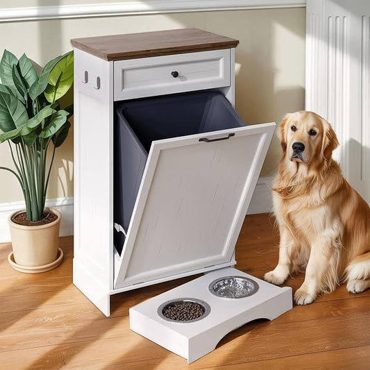 Tilt Out Trash Can Cabinet with Dog Bowl, 10 Gallons Dog Feeding Station with Storage Cabinet, Pet Food Cabinet with Hideaway Drawer for Kitchen, Living Room by Furnivio