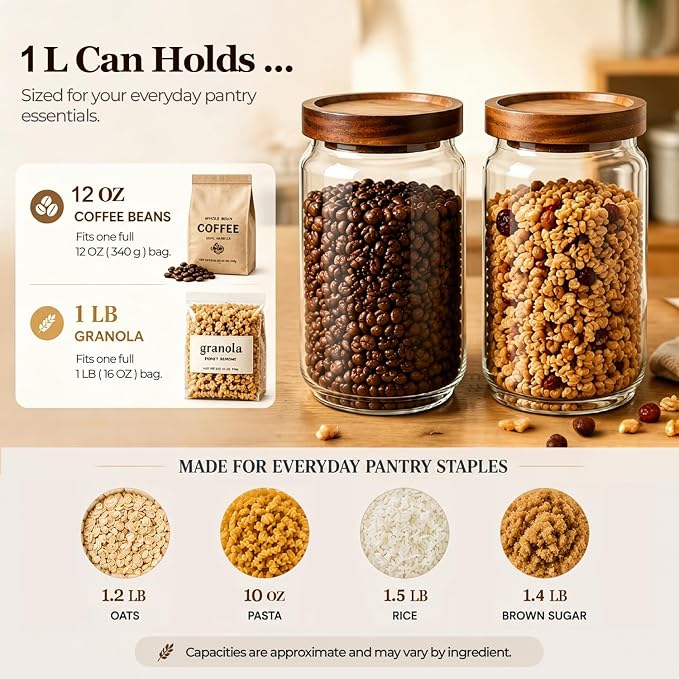 ComSaf Glass Jar with Acacia Wood Lid 34oz 1Pack, Food Storage Container | 1.1Qt Canister, Oats Coffee Sugar Pasta Candy Cookies Nut, Kitchen Pantry, Decorative, Countertop Display, Food-Grade, Label - Image 3
