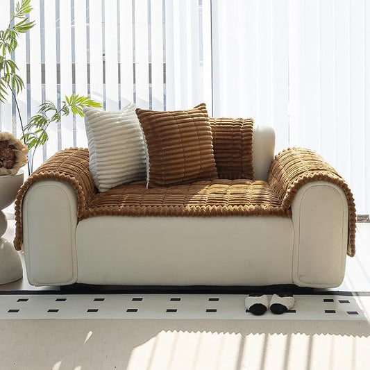 Sofa Couch Cover, Sofa Covers for Dogs Washable, Non-Slip Striped Sofa Slipcovers for Sectional Sofa, Sofa Cover Furniture Protector for L Shaped(Light Brown, 27.6"x 27.6") by MDSASFD