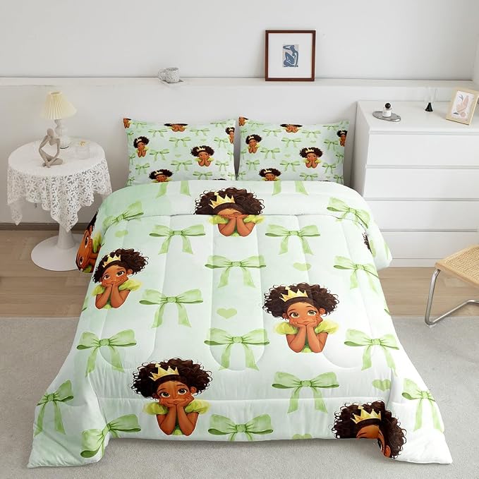 Manfei Cute Princess Comforter Set Full Size,Green Bowknot Marble Paint Bedding Set 3 Pcs for Teens Young,Fairy Tale Black Skin Girl Frog Crown Down Comforter,Green Duvet Insert,2 Pillowcases by Manfei