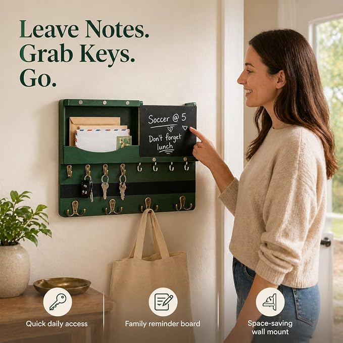 Key Holder for Wall Mount with Shelf and Mail Organizer, Key and Mail Holder with 16 Hooks, Farmhouse Entryway Organizer, Home Decor Rack (Pine Wood,Green) - Image 6