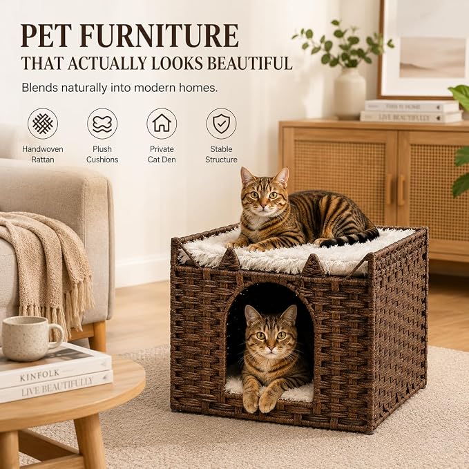 Cat Bed with Ears - Handwoven Rattan Cat Cave House for Indoor Kittens, Foldable Hideaway with 2 Removable Cushions, 16.5x16.5x13.2 Inch Natural Pet Cube for Living Room/Bedroom Brown - Image 2
