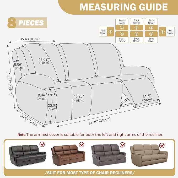 vctops Diamond Recliner Sofa Covers 8-Pieces Stretch Large Couch Covers for 3 Seats Reclining Slipcovers Soft Solid Furniture Protector (Light Coffee,3 Seat) - Image 2