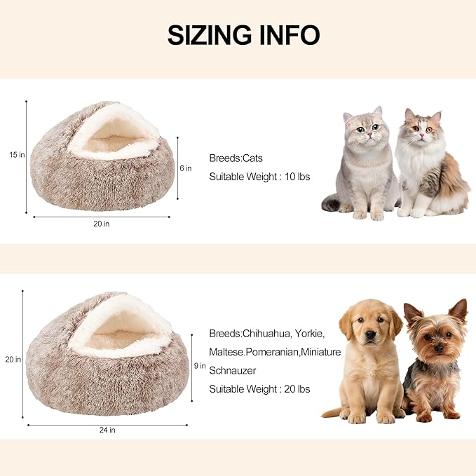 Calming Dog Beds & Cat Cave Bed with Hooded Cover,Removable Washable Round Beds for Small Medium Pets,Anti-Slip Faux Fur Fluffy Coved Bed for Improved Sleep,Fits up to 15/25 lbs(Medium,24"x24") - Image 5