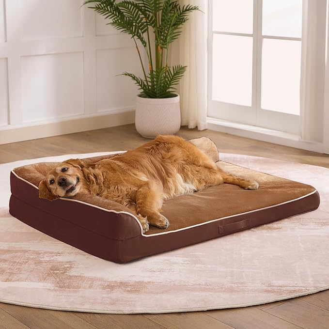 Dog Bed Large Sized Dogs, Orthopedic Dog Bed for Large Dogs, Waterproof Pet Bed with Washable Removable Cover, L-Shaped Pet Couch with Portable Handle 36"x27"x6.5", Brown by Aeroluxe