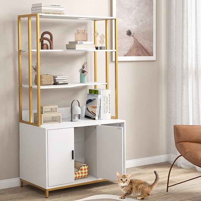 PETSITE Cat Litter Box Furniture with 3 Shelves and Doors, 61 inch Tall Cat Box Enclosure with Display Shelves, Scratching Pad, Indoor Hidden Litter Box with Decorative Storage Shelving (White) - Image 4