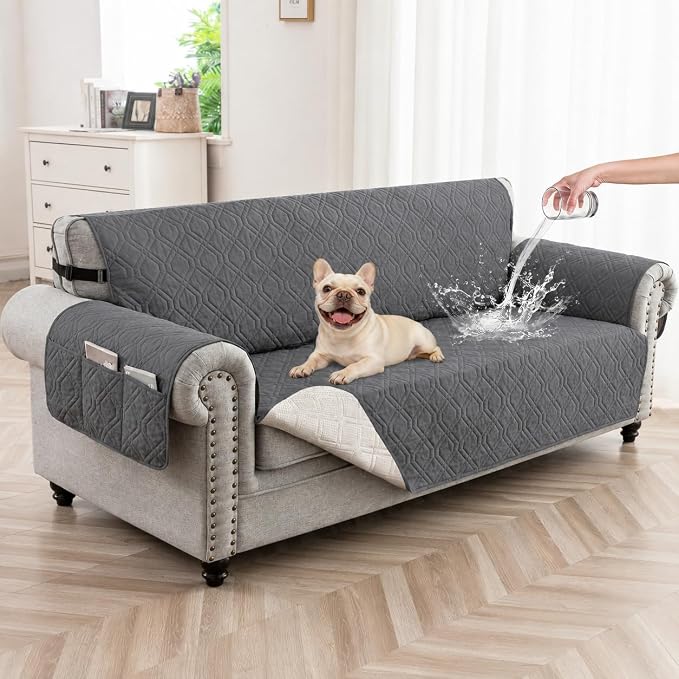100% Waterproof Couch Cover,Straps&Pockets,pet Friendly,68" Gray | Washable sofa cover, pet-friendly, scratch-resistant furniture protector, quilted sofa cover, reversible, non-slip backing. by Unknown