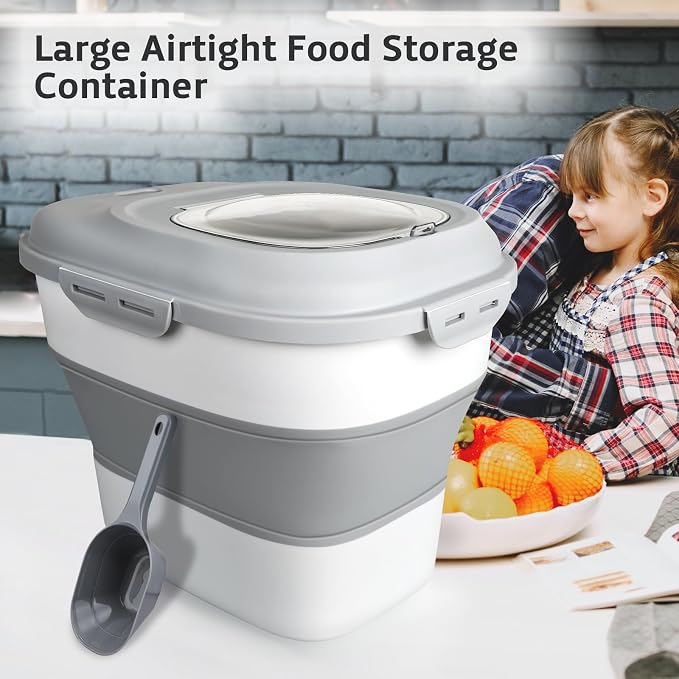 Komzon Rice Storage Bin Cereal Containers, 13-50lb Collapsible Rice Container Dispenser with Transparent Lid, Rolling Wheels, Measuring Cup and Scoop, Airtight Dog Cat Pet Food Storage Container White - Image 6
