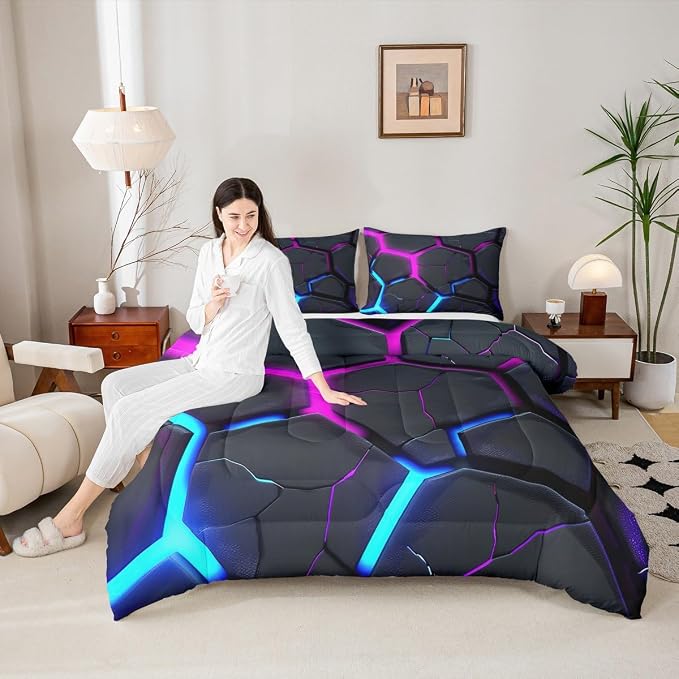 Geometric Honeycomb Comforter Set Full Size,Abstract Hexagon Modern Artwork Bedding Set for Boys Girls Men Room Decor,Neon Blue Purple Patchwork Down Comforter,Fashion Duvet Insert,2 Pillowcases by Homewish