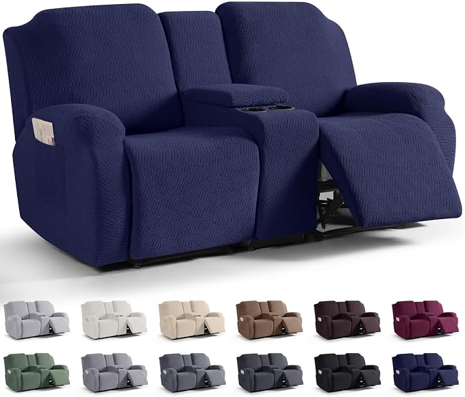 KinCam Loveseat Recliner Covers with Middle Console Slipcover, Dark Blue | Stretch Recliner Sofa Covers for 2 Seat Couch Cover, Jacquard Furniture Protector Covers with Elastic Bottom for Kids, Pets by KinCam