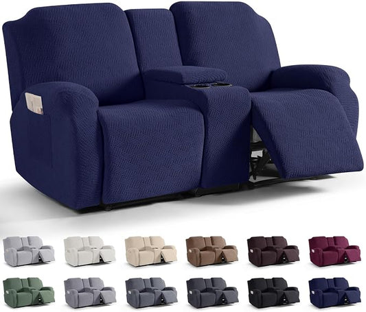 KinCam Loveseat Recliner Covers with Middle Console Slipcover, Dark Blue | Stretch Recliner Sofa Covers for 2 Seat Couch Cover, Jacquard Furniture Protector Covers with Elastic Bottom for Kids, Pets by KinCam