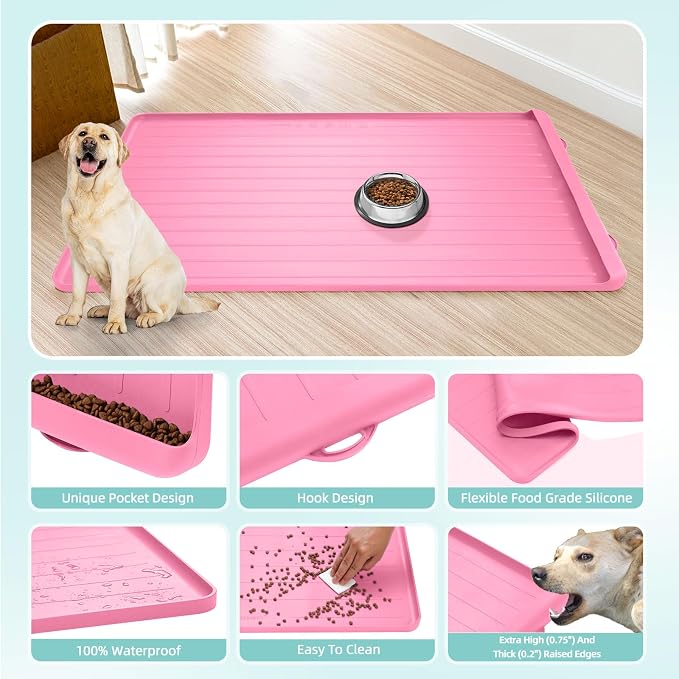 Dog Bowl Mat for Food and Water - 39.4" x 27" Thickened Large Dog Food Mat | Waterproof Pet Bowl Mat with Residue Collection Pocket and High Edges to Prevent Water and Food Spills - Pink - Image 6