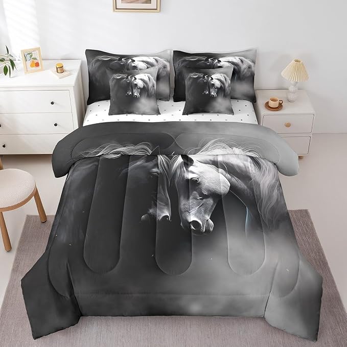 Erosebridal 7 Pcs Comforter Set Twin Size, Black White Horse Bed in a Bag with Flat Sheet and Fitted Sheet for Kids and Adults, Vintage Animals Bedding Set with 2 Pillowcases & 2 Pillow Shams - Image 3