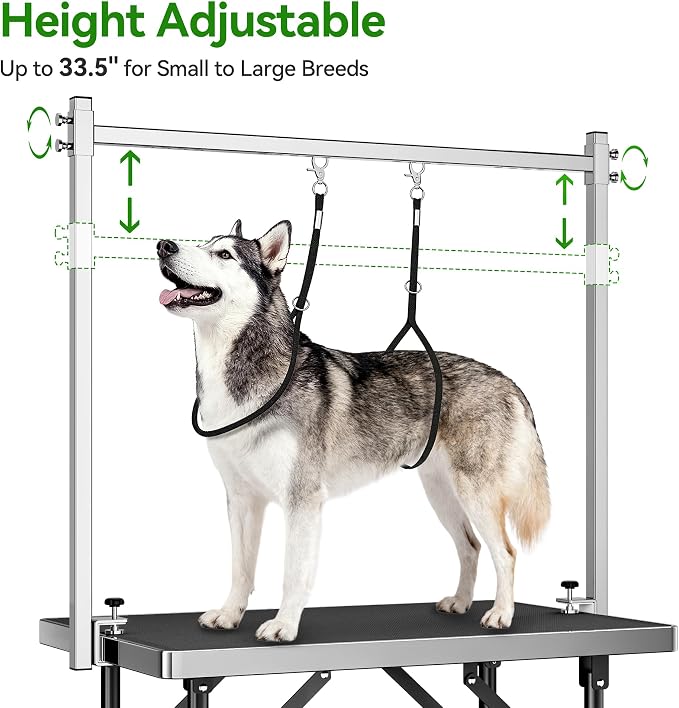 pickpiff Dog Grooming Table with Arm, 35.5" L×23.6" W x 30" H Foldable Heavy Duty Pet Grooming Station with Adjustable 33.5" Height Arm, Hammock & Nooses, Tray, Non-Slip Waterproof Tabletop - Image 5
