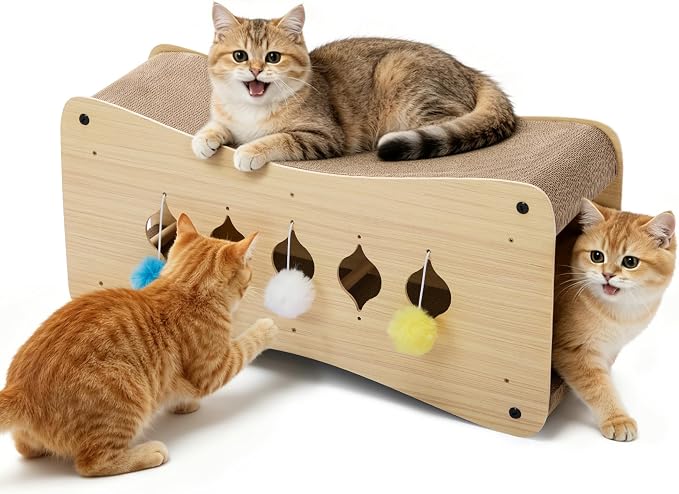 COZIWOW Cardboard Cat Scratcher House with Toys 26-Inch Curved Cat Lounger as Tunnel Double-Layer Scratching Box and Corrugated Board for Play, Scratch, Sleep and Rest by COZIWOW