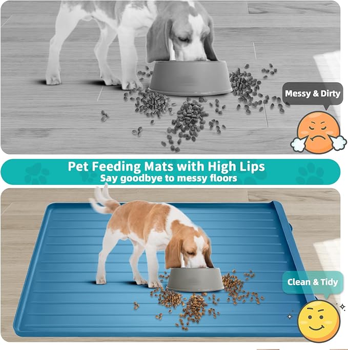 Dog mat for Food and Water - 39.4" x 27" Thickened Large Dog Food Mat | Waterproof Pet Bowl Mat with Residue Collection Pocket and High Edges to Prevent Water and Food Spills - Navy - Image 3