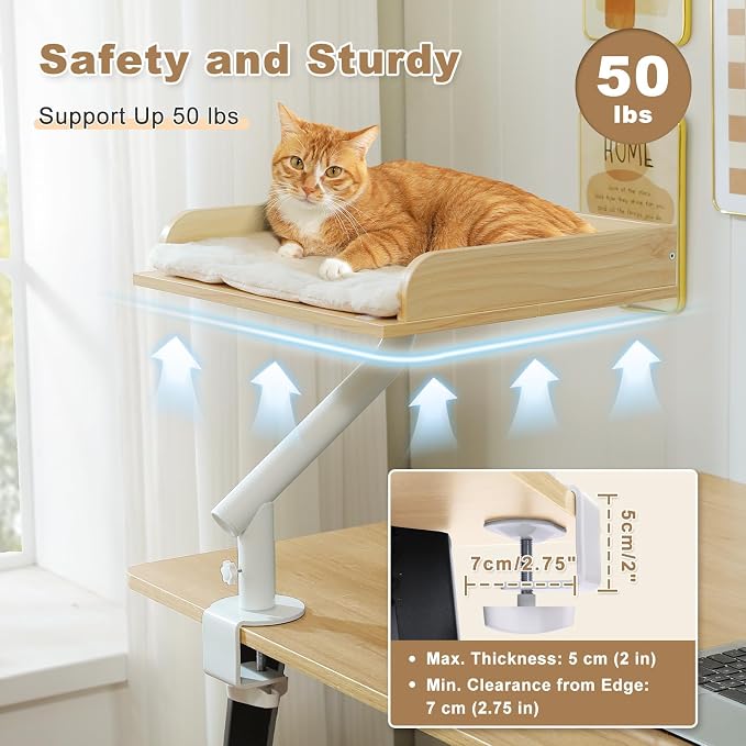 PAWZ Road Cat Desk Bed, Wooden Cat Bed for Desk Supports Up to 50 lbs, 360° Rotation & Adjustable, Nest Desktop Attachment Cats Hammock for Table, Beige - Image 6