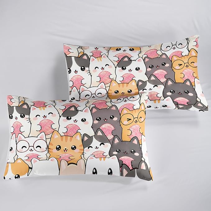 QOOMO Kawaii Cat Comforter Twin Size,Cats Bedding Set for Kids Teens Girls Boys,3Pcs Bedding Set Printed Comforter with 2 Pillowcases,Down Alternative,Soft and Lightweight，Twin Size - Image 6
