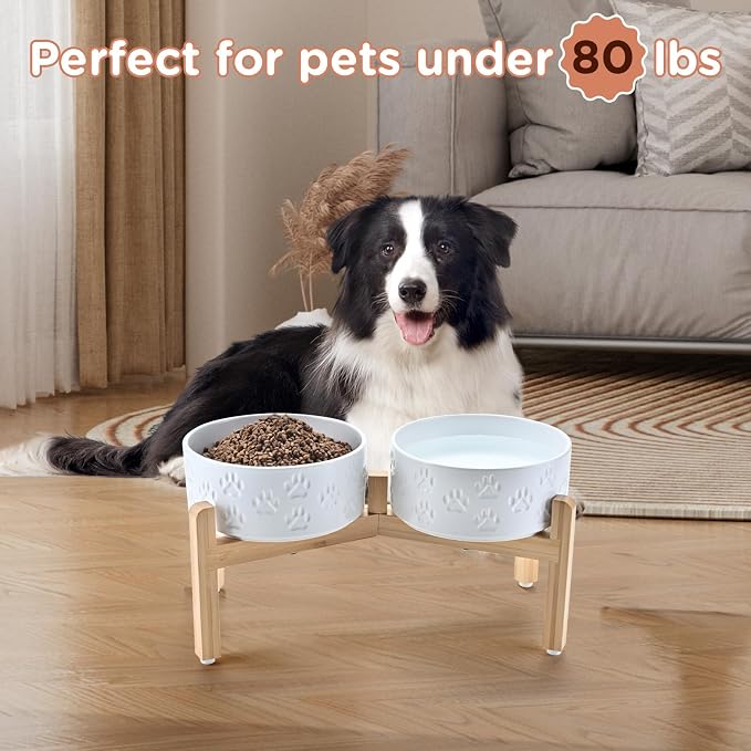 SPUNKYJUNKY Elevated Dog Bowls Ceramic, 7.3'' Dogs Food Water Bowls Raised with Non-Slip Bamboo Stand for Medium to Large Sized Breed Microwave Dishwasher Safe - 42 OZ,Paw White - Image 7