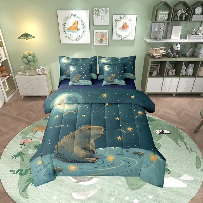 Erosebridal Cute Beaver King Size Comforter Set with Sheets, Wild Animal Bed in A Bag for Kids Teens Youth Adults Bedroom, Wildlife 7 Pcs Bedding Set, Galaxy Starry Sky Bed Sets by Erosebridal