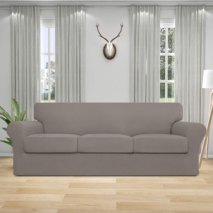 Easy-Going 4 Pieces Stretch Couch Cover Sofa Cover for Dogs Washable Sofa Slipcover for 3 Separate Cushion Couch Spandex Jacquard Fabric Elastic Furniture Protector for Pets, Kids (Taupe, Sofa) - Image 2