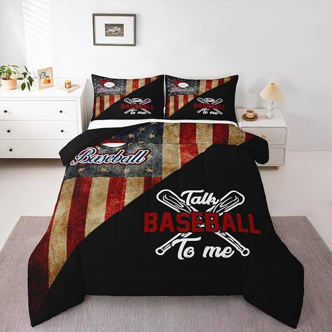 Baseball Boys Comforter Set King Size,American USA Flag Retro Bedding Set,Kids Girls Adults Bedroom Decor,Baseball Bats Sport Games Down Comforter,Black Splicing Duvet Insert,3pcs,2 Pillowcases - Image 5