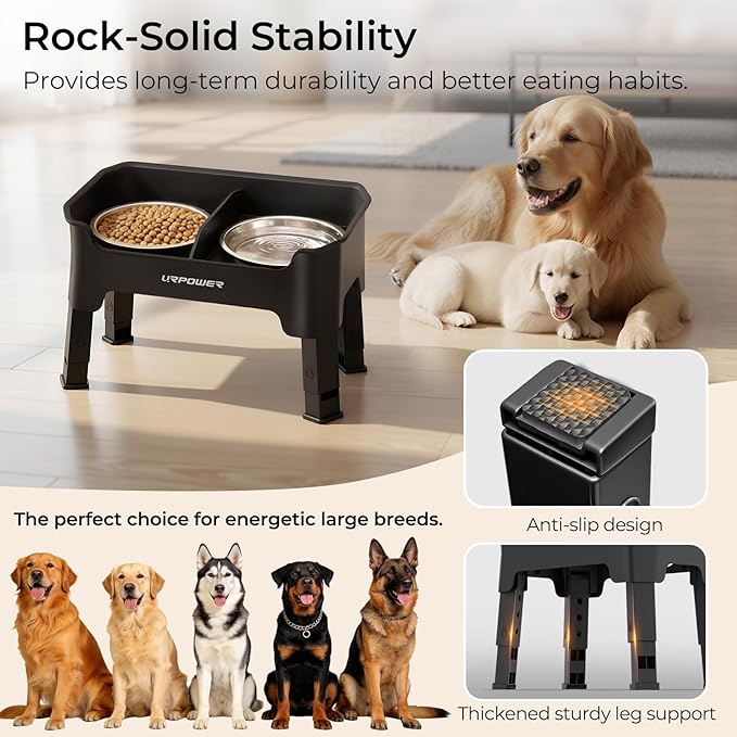 URPOWER Mess Proof Elevated Dog Bowls, Splash Guard Raised Bowl Stand | 4 Height Adjustable Raised Stand with 2 Stainless Steel Food Bowls & Licking Plate for Small, Medium & Large Dogs - Image 7