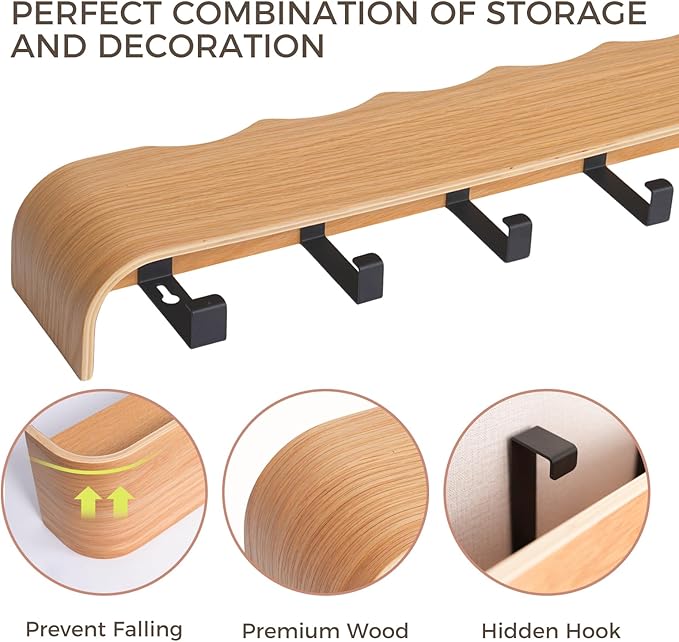 Coat Rack Wall Mount with Shelf Entryway Shelf Modern Key Holder Hanger Wall Shelves with Hidden Hooks for Hanging Towels Coats Hats Bags for Hallway Bathroom Bedroom(Wavy Oak, 5 Hooks) - Image 5