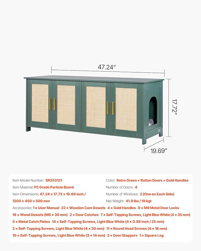 VEVOR Cat Litter Box Enclosure for Multi Cats, 47.2 in Hidden Litter Box Cabinet with 4 Rattan Doors & 2 Entries, Indoor Cat Washroom, Wooden Kitty House Furniture, Fit Most Litterboxes, Green - Image 7