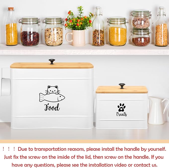Reallnaive 2 Pcs Large Metal Cat Food Storage Containers 12+3.5 Lbs Decorative Pet Treat Snack Jars Airtight Bamboo Lids & Dry Food Scoop for Farmhouse Kitchen Counter Decor, Pet Owner Gifts(White) - Image 5