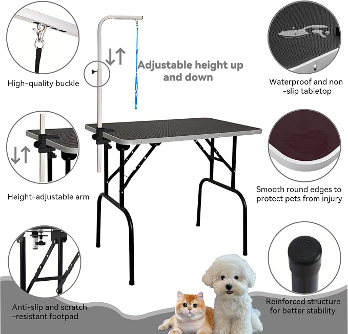 30-inch Foldable Dog Grooming Table - Heavy Duty Iron Pet Grooming Station with Adjustable Arm & Noose, Portable Non-Slip for Small Medium Dogs & Cats, Home & Salon Use - Black - Image 2
