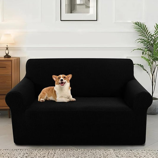 Stretch loveseat Covers Washable Sofa Slipcover, Black | 1 Piece Couch Covers for Sofa Furniture Protector with Non Skid Foam and Elastic Bottom for Kids, Dogs by LuxshareHome