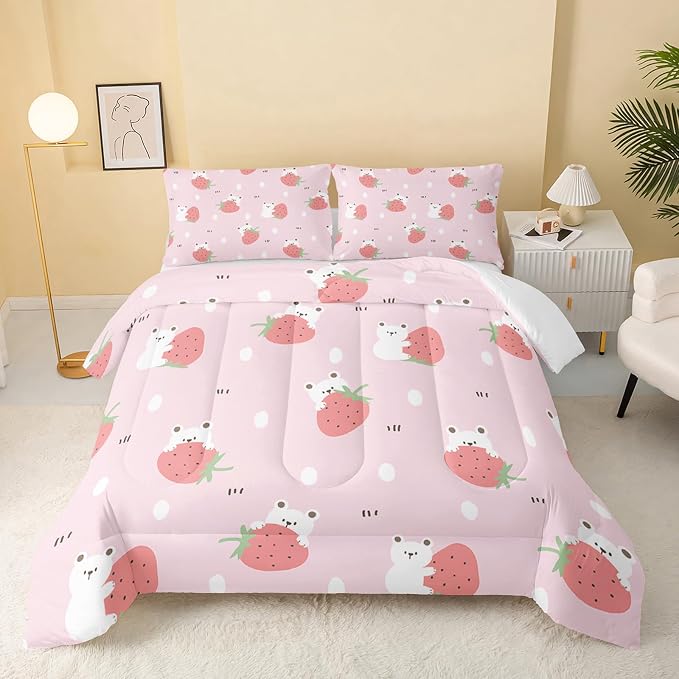 QOOMO Cartoon Bear Comforter Queen Size,Pink Strawberry Bedding Set for Kids Teens Girls,3Pcs Bedding Set Printed Comforter with 2 Pillowcases,Down Alternative,Soft and Lightweight，Queen Size by QOOMOHOME