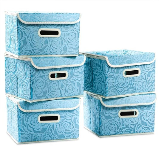 PRANDOM Collapsible Storage Boxes with Lids [5-Pack] Fabric Decorative Storage Bins Cubes Organizer Containers Baskets with Cover Handles Divider for Bedroom Closet Living Room Blue 9.8x7.9x6.7 Inch by Prandom