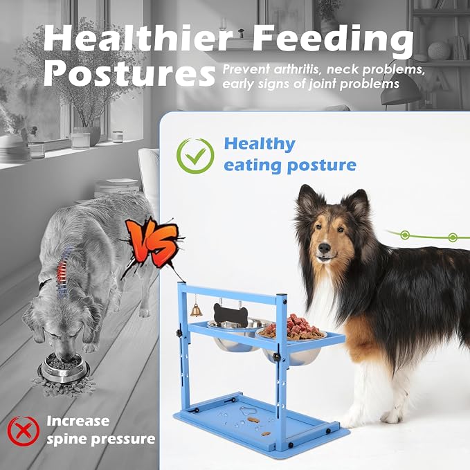 SHAINFUN Blue Raised Dog Bowl Stand with Two 1700ml Stainless Steel Food Bowl, a Slow Feeder and Spill Proof Mat, Adjustable Elevated Dog Bowls for Large Medium and Small Breeds - Image 6