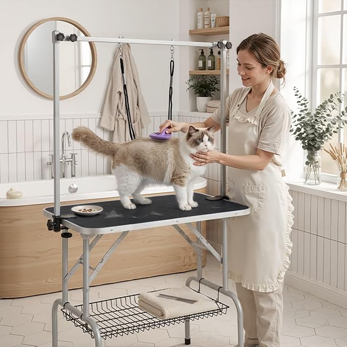 VINGLI Dog Grooming Table, Adjustable Cat Grooming Desktop with Arms and Storage Basket, Pet Grooming Stand at Home (Black, 32 inch) - Image 8