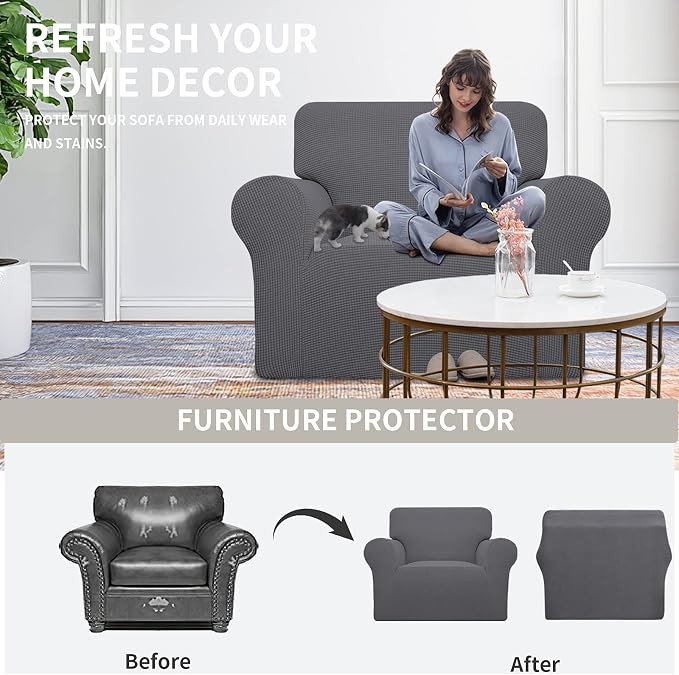 Easy-Going Stretch Oversized Chair Slipcover with Arm Washable Gray | 1-Piece Large chair covers armchair Furniture Protector for Living Room chair and a half cover Soft For Kids, Pet. - Image 4