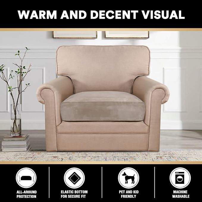 PrinceDeco Stretch Velvet Couch Cushion Cover,Soft Fitted Cushion Slipcover for Arm Chair Sofa Cushion Furniture Protector Seat Cushion Sofa Cover Width Up to 29.5", Oatmeal - Image 2