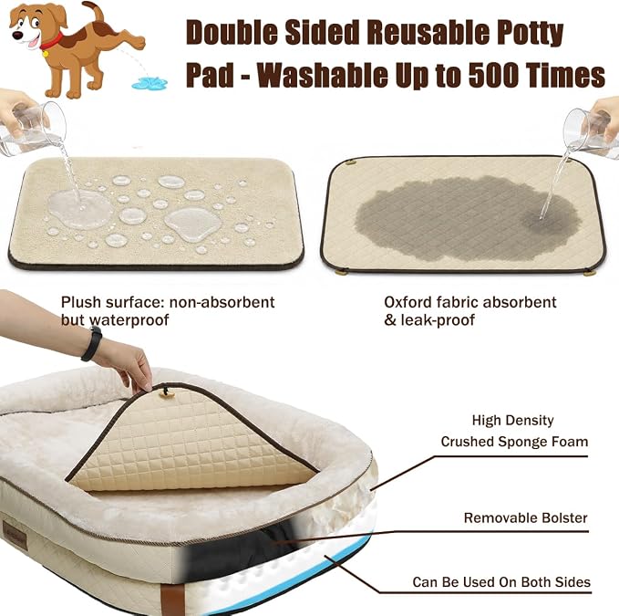 Large Dog Bed with Reusable Potty Pad - 44.1" x 32.3" x 6.3" Beige Bolster Pet Bed with Soft Plush Surface, Raised Sides, and Zippered Cover for Large Dogs - Image 2